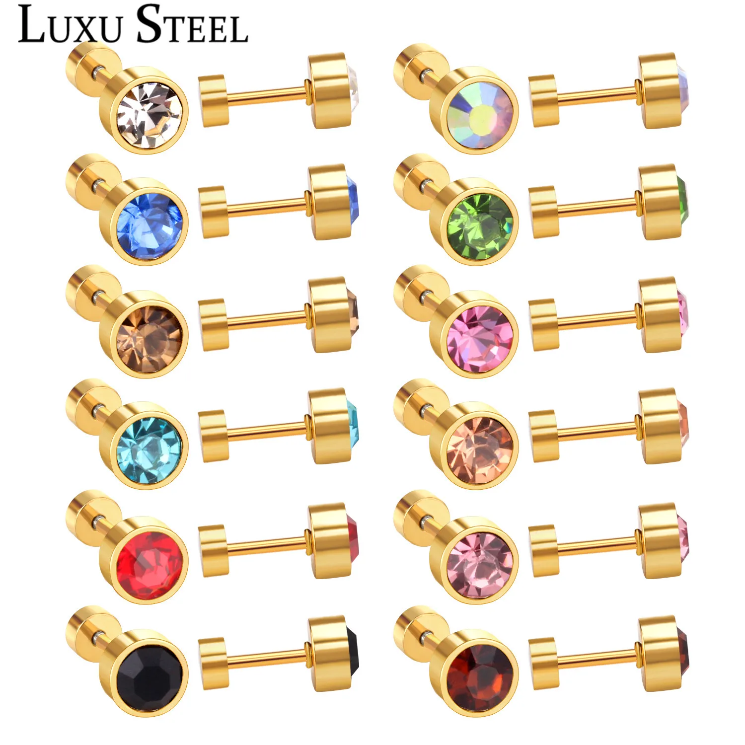 

LUXUSTEEL 12Pairs/lots Wholesale Anti-allergy Round Colorful Cubic Zirconia Screw Stud Earrings Size 3mm /6mm Baby/Lady Earrings