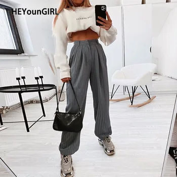 

HEYounGIRL Casual Loose Suit Pants Women Striped High Waist Straight Pants Capris Long Solid Streetwear Trousers Ladies Summer