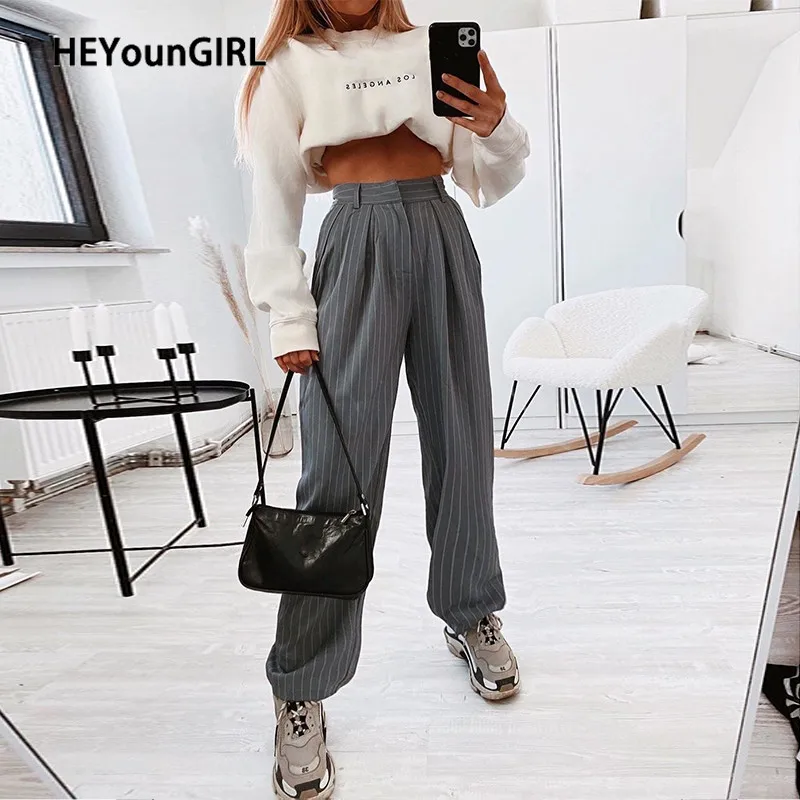 HEYounGIRL Casual Loose Suit Pants Women Striped High Waist Straight Pants Capris Long Solid Streetwear Trousers Ladies Summer HEYounGIRL Casual Loose Suit Pants Women Striped High Waist Straight Pants Capris Long Solid Streetwear Trousers Ladies Summer