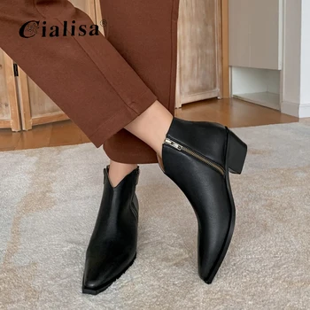 

CIALISA Women Ankle Boots Genuine Leather Women shoes Square Head Chunky Heel Women Chelsea Boots
