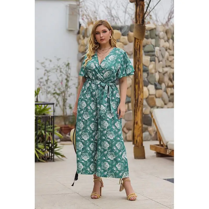 

COCOEPPS 2020 Summer Boho Floral Wide Leg Jumpsuits Women Sexy V neck Wrap Jumpsuit 4XL Large Size Casual Print Holiday Overalls