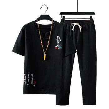 

2020 new men cotton and linen t shirt short sleeves and Ankle-Length pants summer mens two-piece set large size 5xl White Khaki