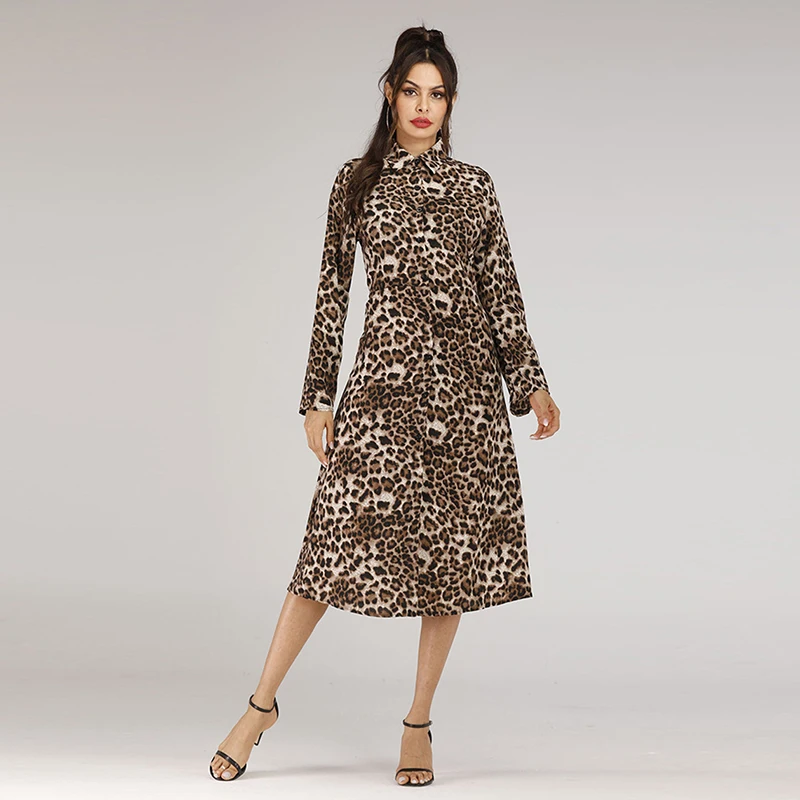

High Street Leopard Shirt Dress for Women 2019 Autumn Winter Single Breasted Long Sleeve Knee-Length Vestidos Fashion Dresses