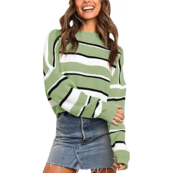 

2019 New Women Autumn Winter Stripes Print Slim Long Sleeved Round Collar Slim Bottom Knit Sweater