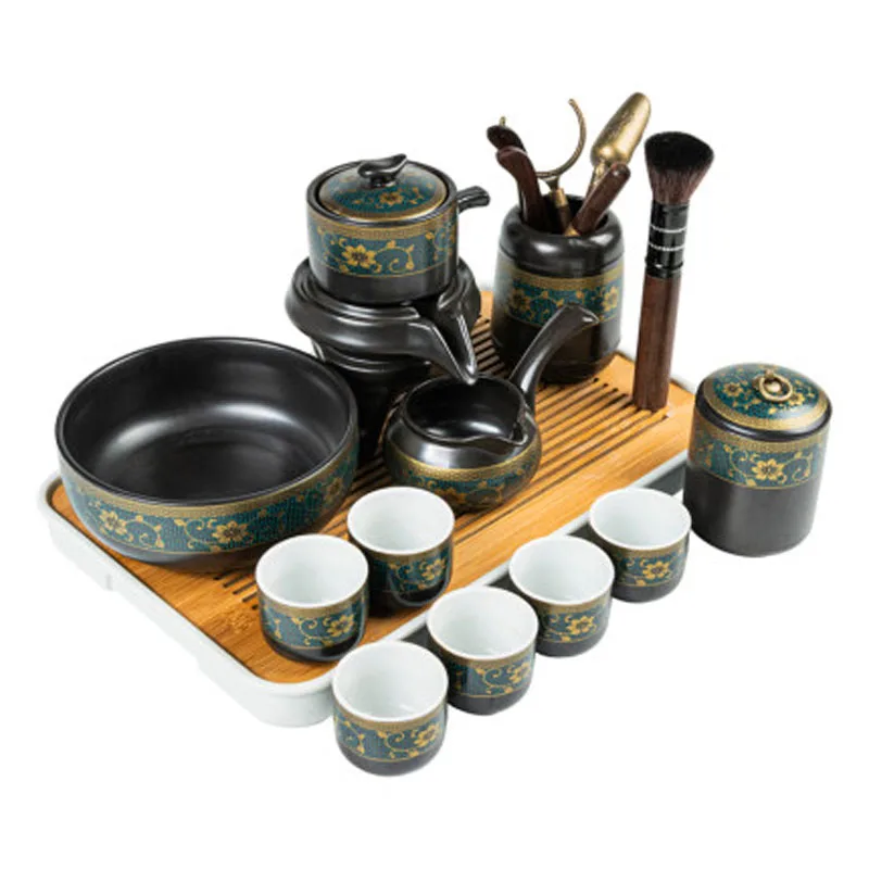 Chinese Ceramic Kungfu Tea Set,Semi-Automatic Stone Mill Teapot with Strainer,Wisteria Gilding, Tea Ceremony Supplies, Cup Was