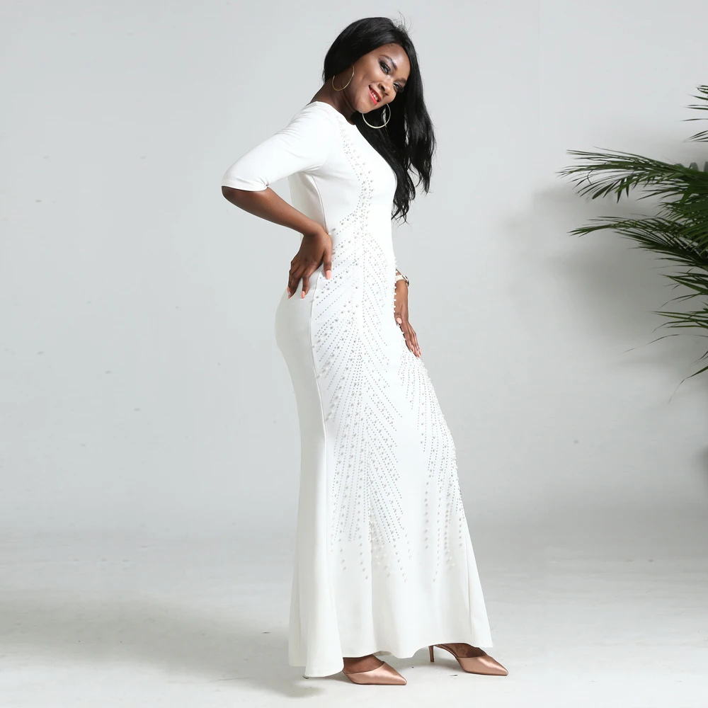 Vestido de festa, женское платье русалки, с коротким рукавом, с круглым вырезом, с бисером, в африканском стиле, для девушек, праздничная одежда, Вечернее Длинное Макси, официальное белое платье