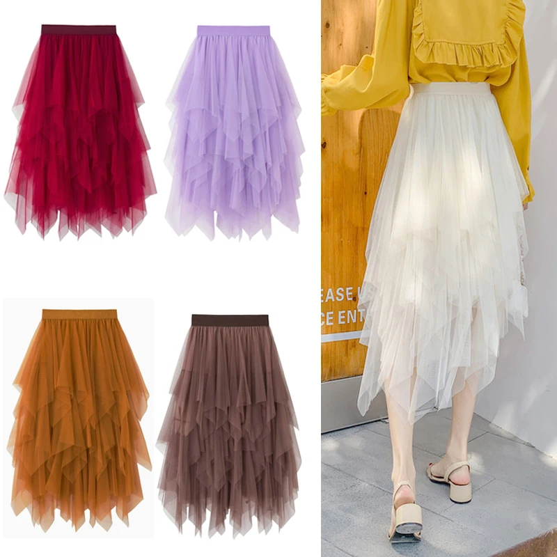 New Fashion Women Solid Tutu Tulle Skirt Elastic Waist Mesh Net Long Paragraph Skirt Dress pleated skirt