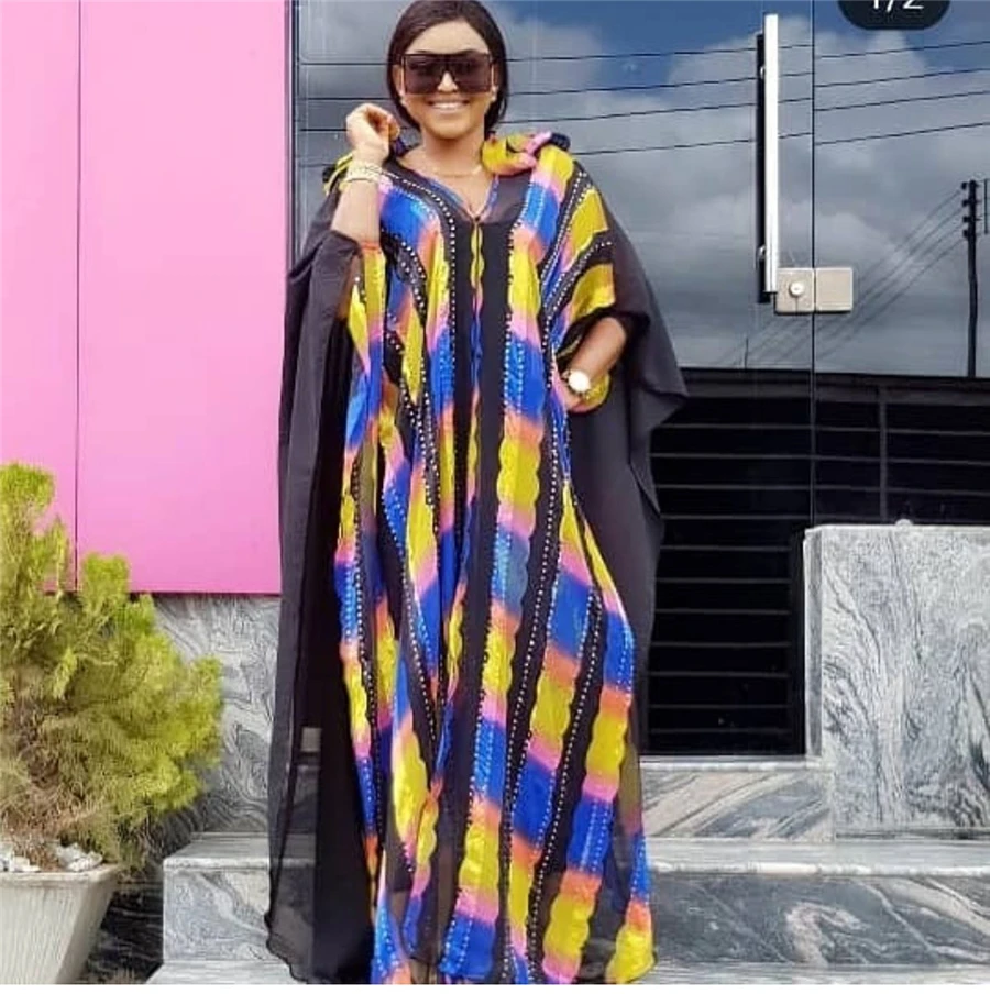 GuyuEra African Dresses For Women's Colorful Striped Shawl With Hat Fashion Long Loose Cloak Robes