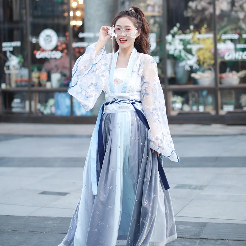 Синие танцевальные костюмы с вышивкой Hanfu, женское китайское платье феи, певцы, фестивальный Рейв, женская одежда для выступлений DC3193