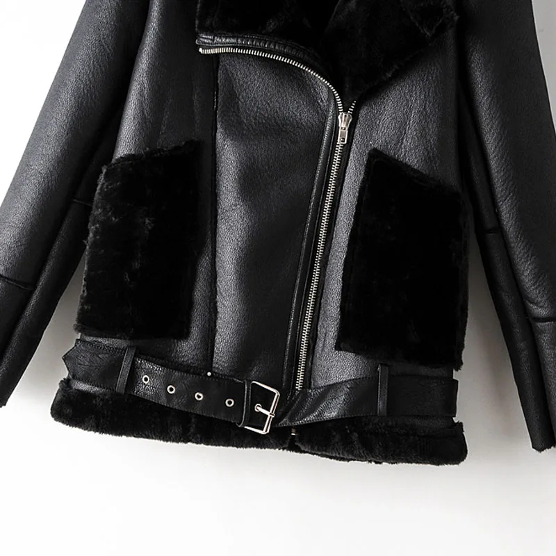 Very best 2019 Winter Lining with Velvet Zipper Korean Pilot Female Coat Black Warm Pu Faux Fur Lapel Long Sl