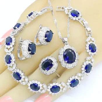

Blue White Zircon Silver Color Jewelry Sets For Women Bridal Birthday Bracelet Earrings Necklace Pendant Rings Gift Box