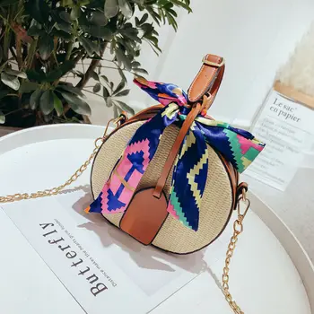 

2019 Small Shoulder Bag Women Round Circular Rattan Wicker Straw Woven Cross Body Beach Bag Basket Gift Straw Ribbon Women Bag