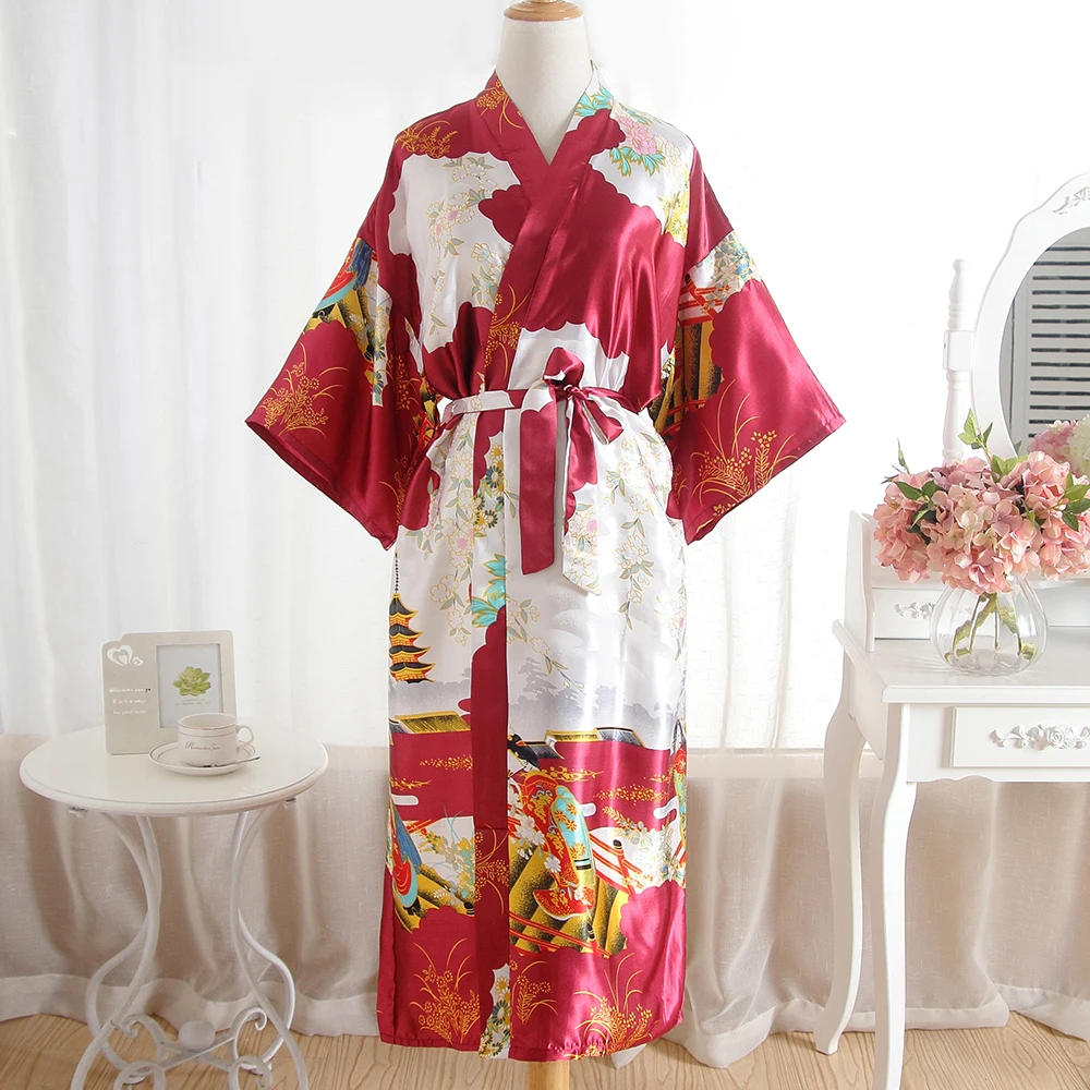 Печати шелковой атласной лаунж-кимоно Банный халат с длинными Сексуальная женская ночная одежда Повседневное пижамы новые летние новинка красный интимное нижнее белье