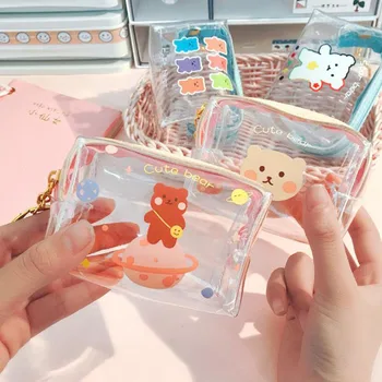 

1 Pcs Cute Bears Peach Cherry Transparent Girls Coin Purse Children PVC Zipper Change Wallet Bag Women Mini Key Card Holders