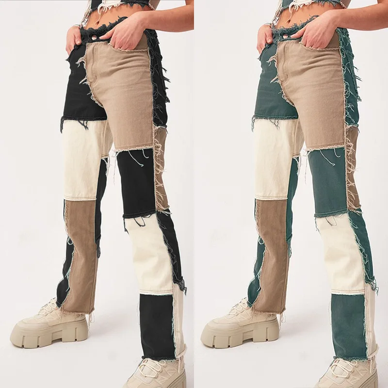 

Women's Patchwork Loose Straight Leg Jeans Women's High Waist with Pockets Sexy Color Block Jeans Trousers Denim Blue Pants