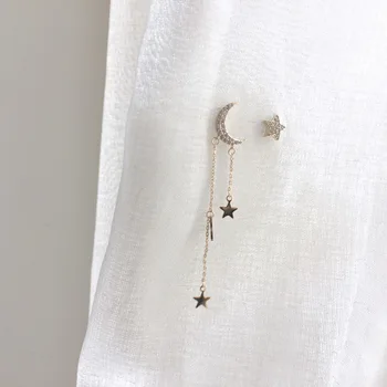 

MuHan Korean Temperament Long Star Moon Crystal Tassel Earrings Asymmetric Stud Earrings For Women Girls Zircon Party Jewelry