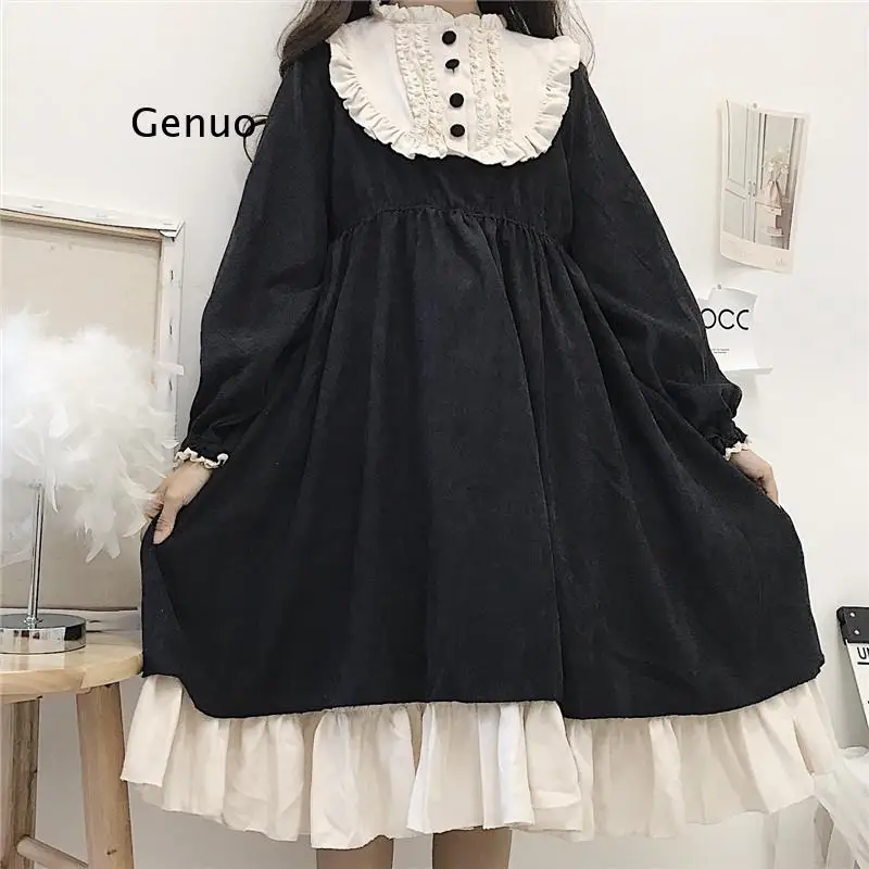 

Осенние женские платья в японском стиле с круглым вырезом и высокой талией, приталенное милое платье в стиле Лолиты контрастных цветов с оборками, кавайная одежда