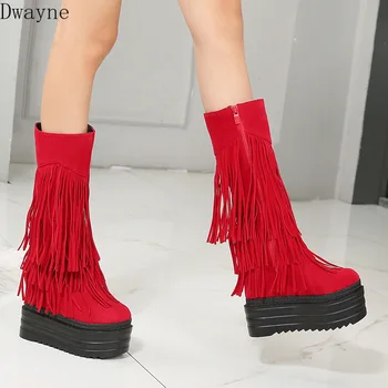 

Nightclub Stovepipe Sexy Fringed Women's Boots 2019 Winter 13Cm Thick-Sole Increase Within Middle Tube Boots Wedges Martin Boots
