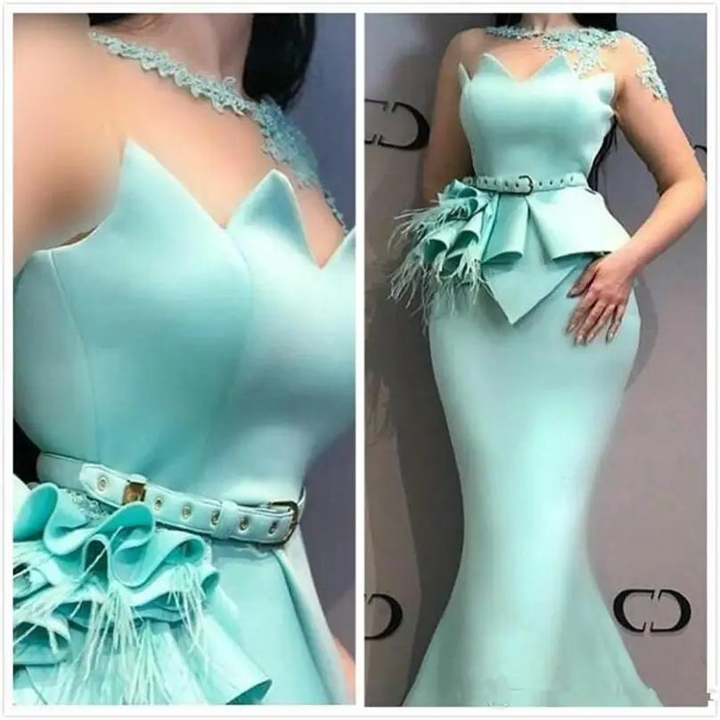 Mint Plus Size Prom Dresses Saudi Arabic Sheer Neck Appliques Lace Beads Mermaid Evening Dress With Peplum Long Sleeves Gowns | Свадьбы и