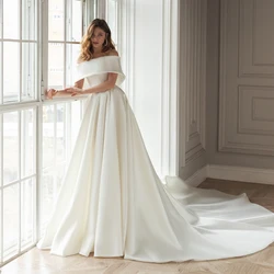 A-Line Wedding Dress Off the Shoulder Simple Robe De Soirée De Mariage Boat Neck Satin Bride Dresses Свадебное платье vestidos22