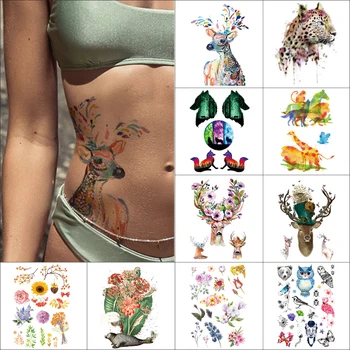 

Deer Temporary tattoo stickers Sika Deer Leopard flower Waterproof fake tattoo Wolf fox Body art tattoo for abdomen