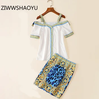 

ZIWWSHAOYU Women Summer Leopard Print Vintage Skirt Two Pieces Set Designer Off Shoulder Strap Tops And Ladies Skirts Suits