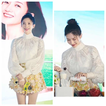 

ZM foreign trade original single high-end boutique stand-up collar butterfly hollow embroidery silk hemp lantern sleeve shirt