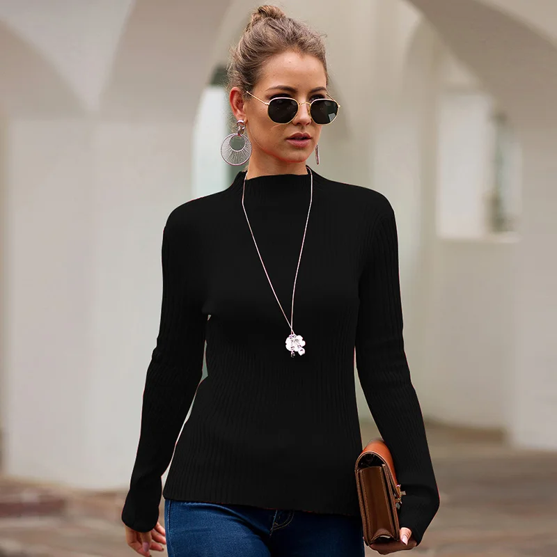

2019 Autumn Winter Turtleneck Pullovers Women Knitted Sweater High Neck Long Sleeve Ribbed Knitwear Slim Jumper female Tunic Top