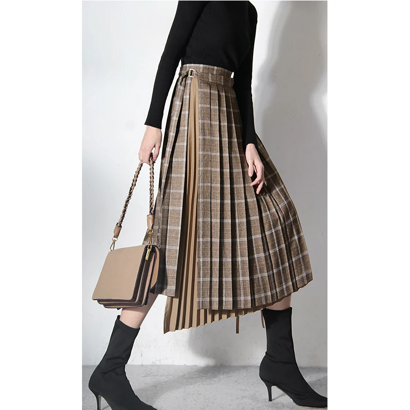 

2021 spring new women's skirt retro temperament high waist plaid stitching original design pleated skirt women