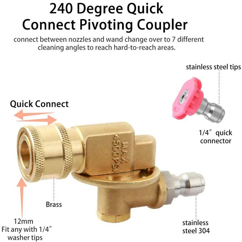 Набор аксессуаров для мойки под давлением, Поворотная муфта 240 градусов с 7 углами для сопла Мойки под давлением, 3 насадки для мойки под давлением, 1