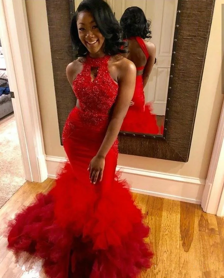 

Glamorous Red Mermaid Prom Dress African Black Girl Sexy Backless Prom Gowns Formal Evening Gowns Straps Beaded Top Halter neck