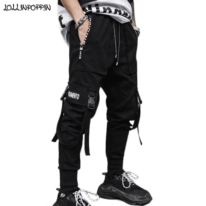 

Punk Men Tactical Jogger Pants Buckle Strap Pockets Hip Hop Streetwear Drawstring Elastic Waist Mens Tapered Cargo Pants