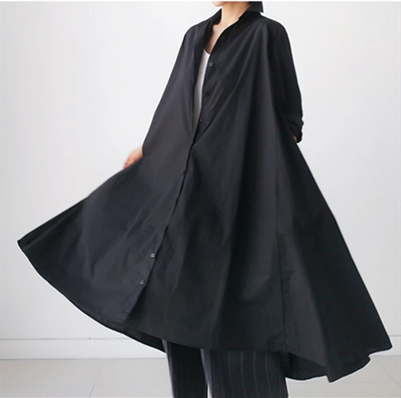 

2019 Fashion Long-sleeve Shirt Dress Plus Size Women's Shirts Design Solid color black long dress white long shirts fashion