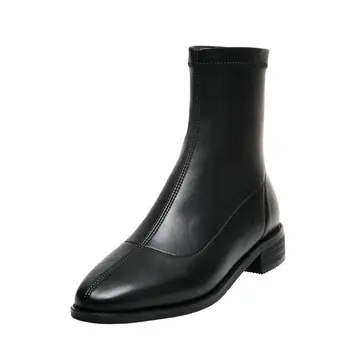 

Genuine Leather Ladies Ankle Boots Thick low Heels Pumps square Toe winter New Party Casual Shoes Woman size 41 42 43