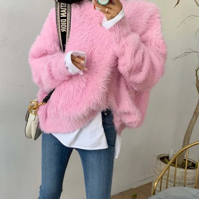 

Korean Elegant Mohair Pullover Thick Warm Plush Crew Neck Sweater Women 2020 New Loose Winter Long Sleeve Fashion Tops One-Piece