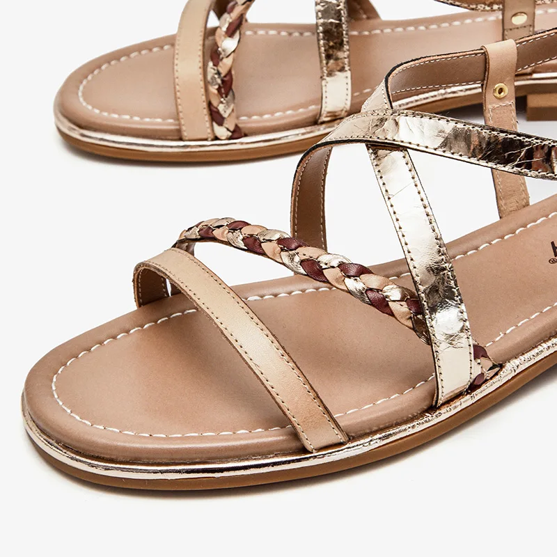 Gladiator Sandals Women Genuine Cow Leather Twist Band Designer Flats Slingback Summer Female Flat Heel Shoes women slingback sandals women flat shoes