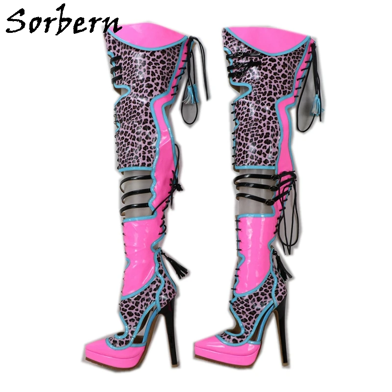 

Sorbern Customized Mid Thigh Boots Women Pointed Toe Platform High Heel Stilettos Leopard Shiny Hot Pink Fetish Shoes Lace Up