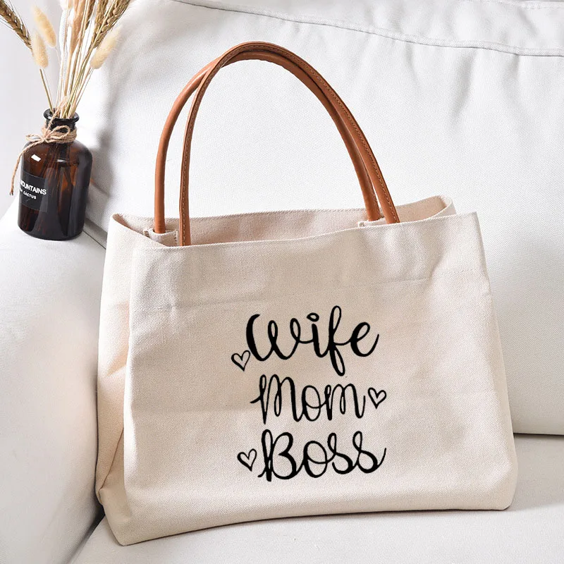 Wife Mom Boss Women Lady Casual Canvas Tote Bag Gifts for Mother's Day Handbag Shoulder Bags Shopping Bag Beach Travel