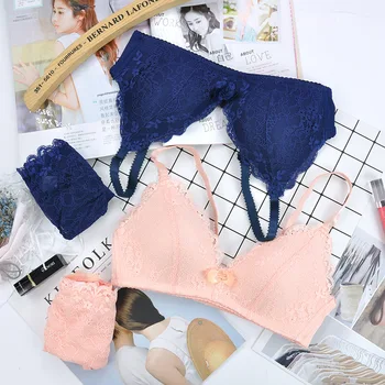 

No Steel Ring Bra Set Girl's Thin Cup Triangle Cup Sexy Lace Adjustable Gathered Small Chest Bra Underwear