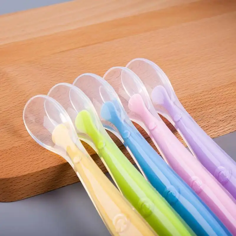 

Baby Safe Silicone Feeding Spoon With Box Temperature Sensing Bendable Food Spoon Baby Training Utensils Baby Feeding Tableware