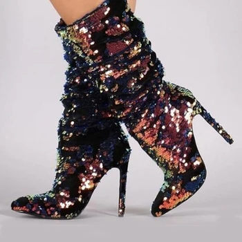 

Karinluna New Wholesale Sexy Plus Size 47 Bling Sequined Fetish High Heels Party Pointed Toe mid-calf Boots Women Shoes Woman