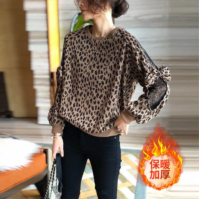 

Leopard print Pullover and velvet sweater women's lace splicing short top