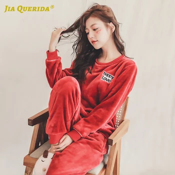 

Fashion Red Sports Style Woman New Soft Pajamas Set Winter Warm Pijamas Flannel Solid Long Sleeve Long Pants Pj Set Sleepwear