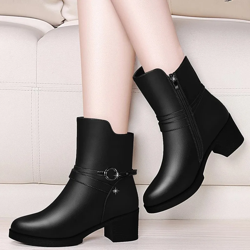 

Buckle Strap Boots Women Leisure Casual Solid Round Toe Side Zipper Square Med Heel Winter Boots Women Botines Mujer 2019