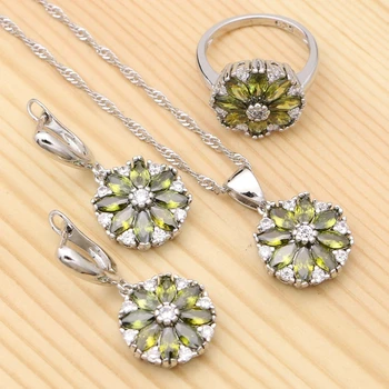 

925 Silver Bridal Jewelry Sets For Women Olive Green Cubic Zirconia White Crystal Flower Pendant Necklace Ring Earrings