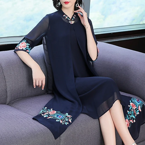 

2020 Spring Summer Chinese Style Embroidery Two Suits Dresses Straight Print Mother Loose Large Plus Size Blue Red Designs