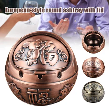 

Ashtray Round Vintage Craft with Metal Cover for Home Office Desktop Decoration _WK