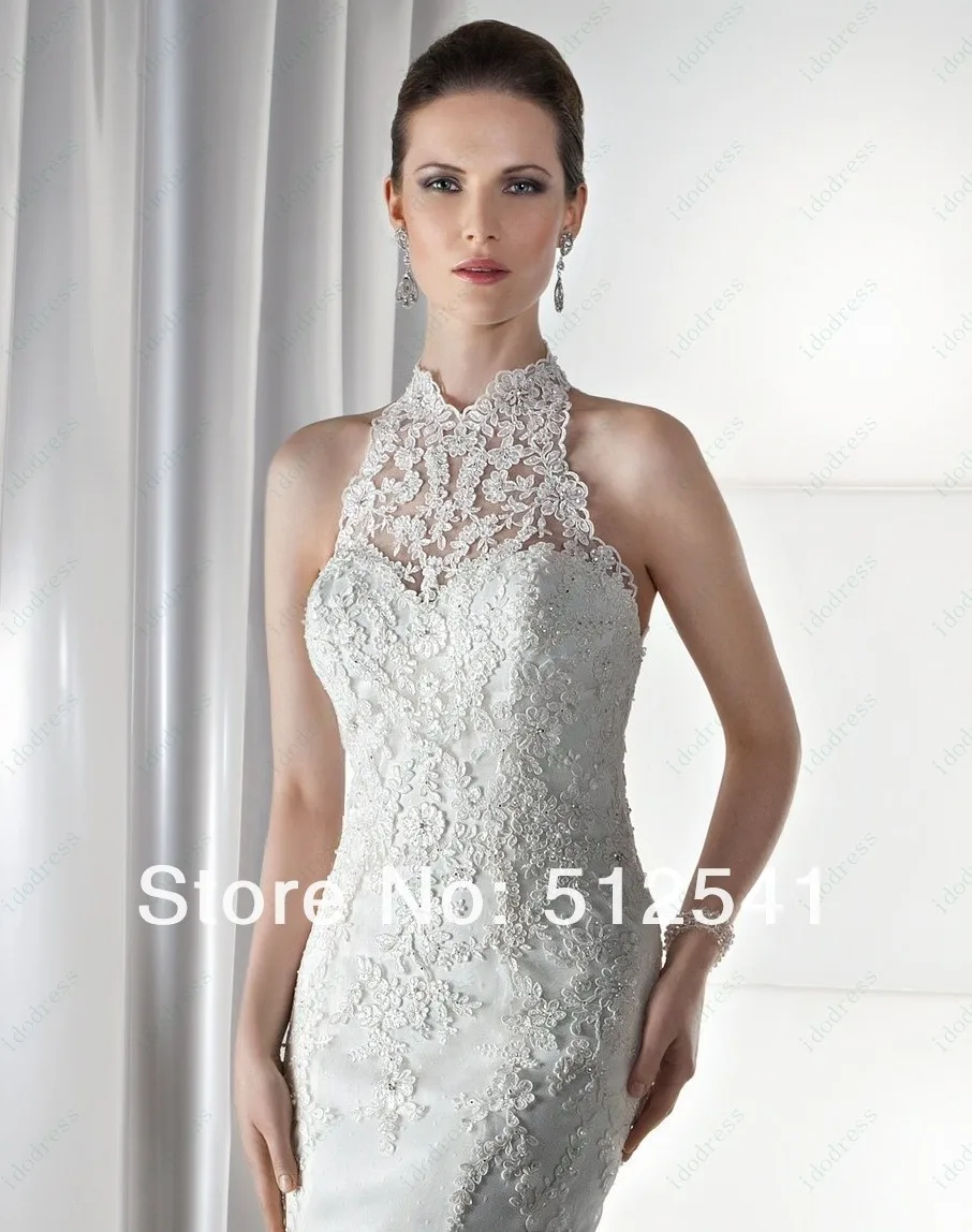 Очаровательное свадебное платье vestido de noiva с высоким горлом, кружевное свадебное платье, свадебные платья, облегающее платье с открытой спиной, с блестками, с аппликацией, со шлейфом