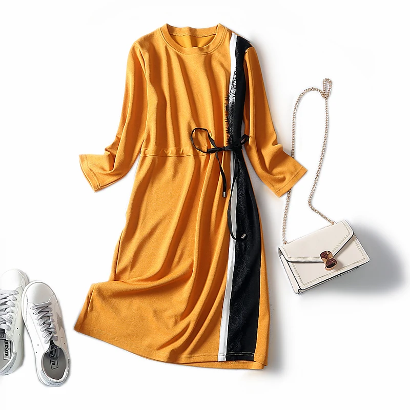 2019 осенне зимнее Новое Кружевное тонкое лоскутное модное женское платье с