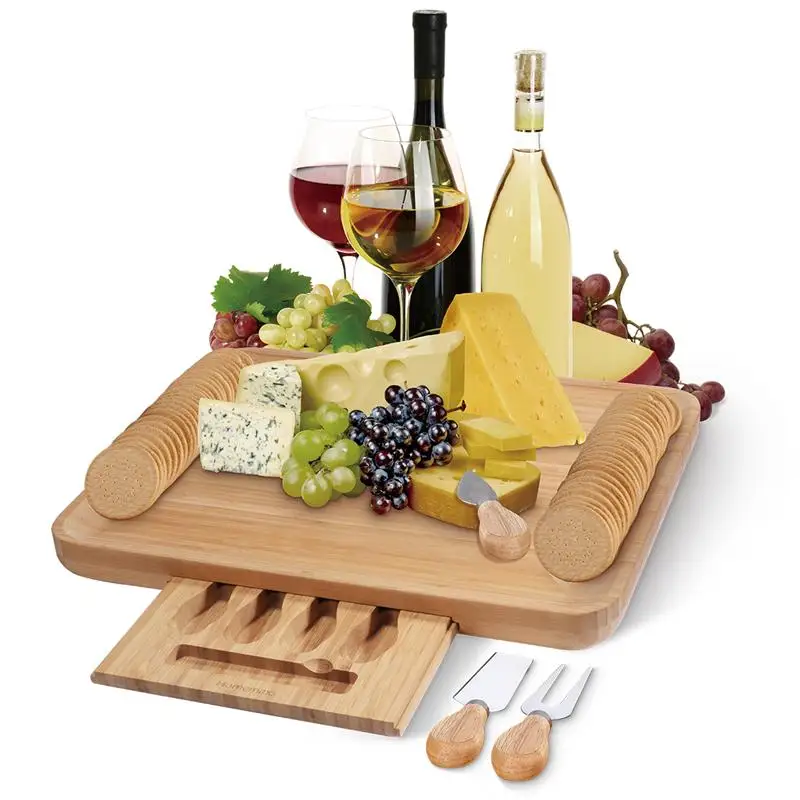 Bamboo Cheese Board Cutter Set Slide Out Drawer Serving Platter Tray